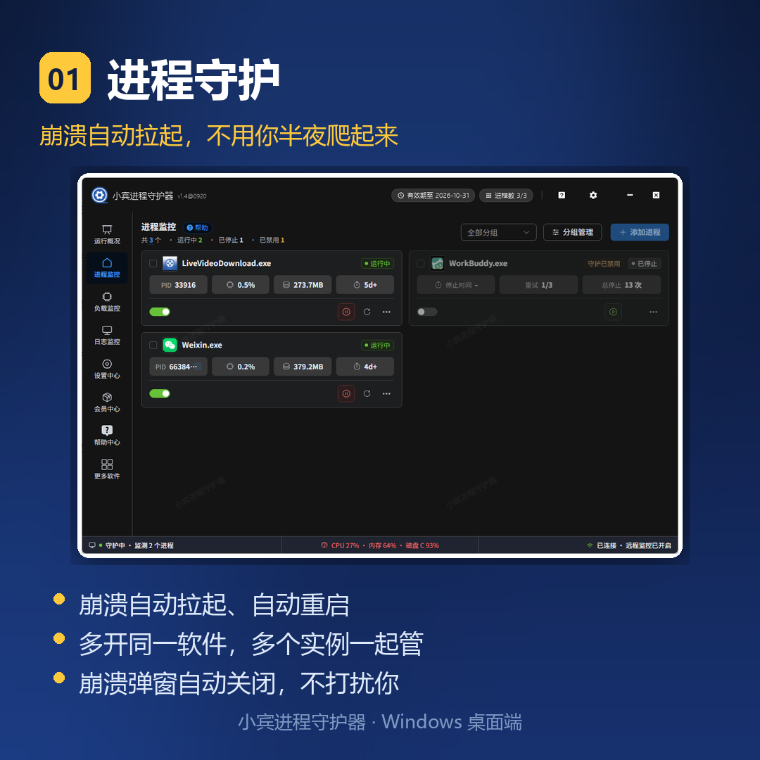 进程守护：掉了自动拉起来，异常自动处置