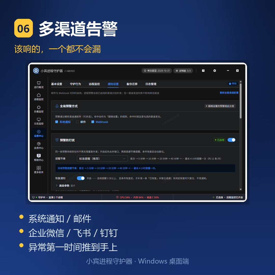 多渠道告警：系统通知 / 邮件 / Webhook，一个都不漏
